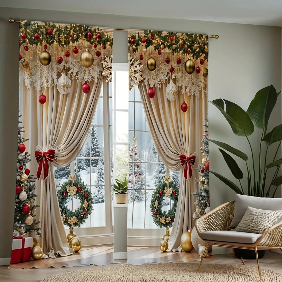 Home Office With View - 2 Cortinas Navideñas con Estampado Digital